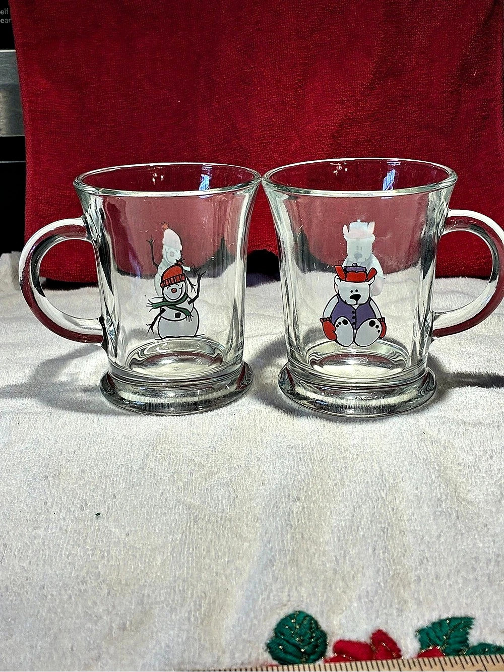 Vintage Clear & Red Snowman Holiday Mug Set of 2